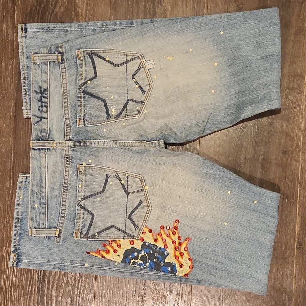 ❤️ YANK VINTAGE Y2K FLAMING ROSE RHINESTONE EMBELLISHED STRAIGHT LEG JEANS - Picture 14 of 16